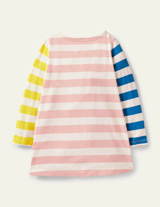 Mini Boden Girl's Long Sleeve Striped Applique Tunic in Ivory/Boto Pink Cake