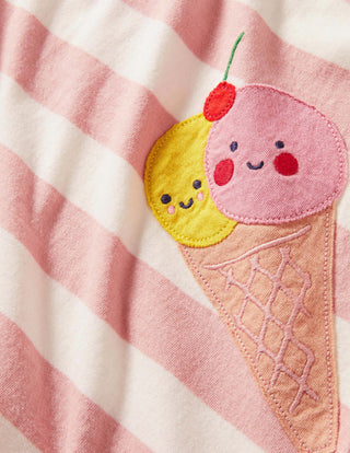 Mini Boden Girl's Long Sleeve Striped Applique Tunic in Ivory/Boto Pink Cake