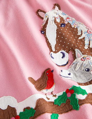 Mini Boden Girl's Long Sleeve Fun Applique Tunic in Formica Pink Horses