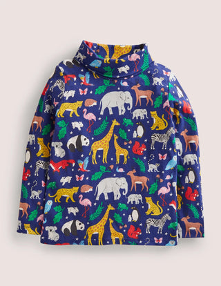Mini Boden Girl's Roll Neck Supersoft T-shirt in ]Starboard Blue Global Animals