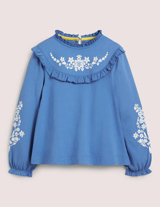 Mini Boden Girl's Embroidered Frilly Top Iin Elizabethan Blue