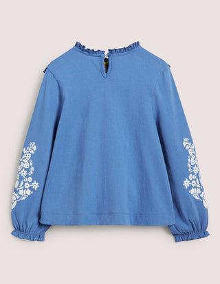 Mini Boden Girl's Embroidered Frilly Top Iin Elizabethan Blue