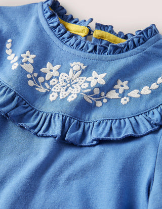 Mini Boden Girl's Embroidered Frilly Top Iin Elizabethan Blue