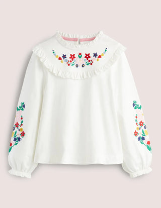 Mini Boden Girl's Embroidered Frilly Top in Ivory