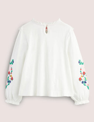 Mini Boden Girl's Embroidered Frilly Top in Ivory