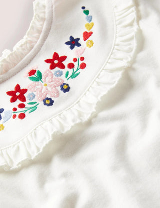 Mini Boden Girl's Embroidered Frilly Top in Ivory