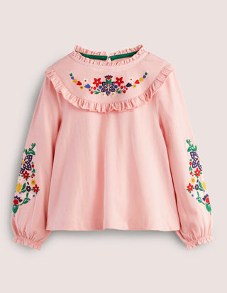 Mini Boden Girl's Embroidered Frilly Top in Boto Pink