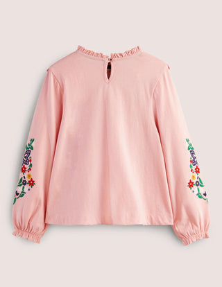 Mini Boden Girl's Embroidered Frilly Top in Boto Pink