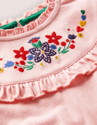 Mini Boden Girl's Embroidered Frilly Top in Boto Pink