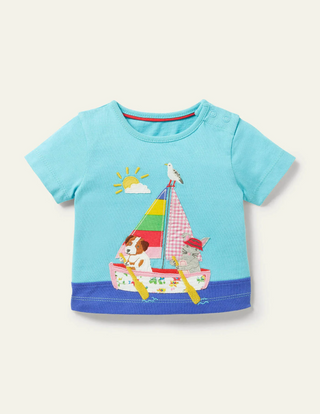 Baby Boden Big Applique T-shirt in Aqua Boat