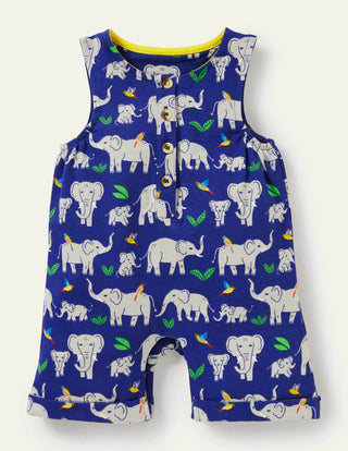 Baby Boden Short Leg Jersey Romper in Starboard Elephants