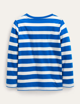 Mini Boden Girl's Big Applique Striped T-shirt in Moroccan Blue/ Ivory Rabbit