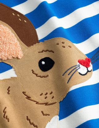 Mini Boden Girl's Big Applique Striped T-shirt in Moroccan Blue/ Ivory Rabbit