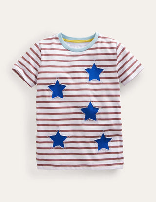 Mini Boden Girl's Reverse Applique T-shirt in Red/Ivory Stars