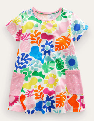 Mini Boden Girl's Short-sleeved Printed Tunic in Multi Holiday Floral