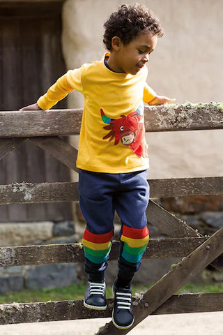 Frugi Boy's Full Length Kieran Striped Knee patch Jogger in Blue/Rainbow