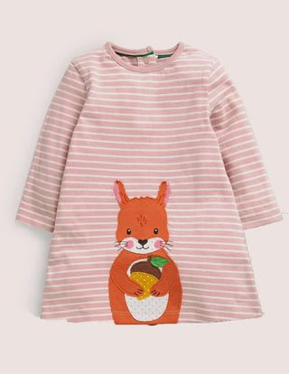 Baby Boden Baby Long Sleeve Striped Applique Dress in Boto Pink/Ivory Squirrel