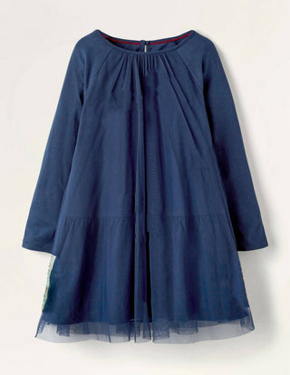 Mini Boden Girl's 3/4th Sleeve Tulle Jersey Dress in College Navy