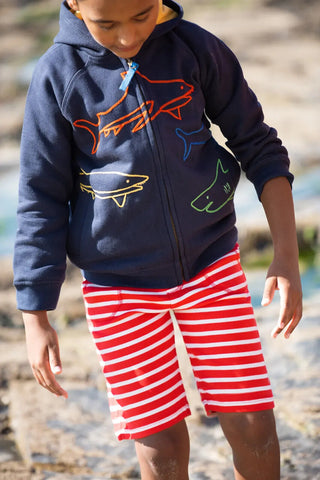 Frugi Boy's Long Sleeve Zip Up Luka Embroidered Hoody in Indigo/Sharks