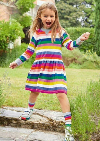 Mini Boden Girl's Long Sleeve Pretty Jersey Striped Sweat Dress in Rainbow