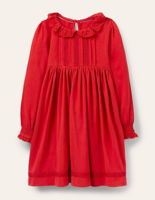 Mini Boden Girl's Blend Broderie Collar Jersey Dress in Red