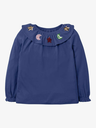 Mini Boden Girl's Sequin Stars Ruffle Neck Top in Starboard Blue