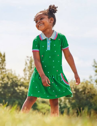 Mini Boden Girl's Spotty Polo Jersey Dress in Green