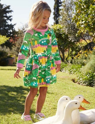 Mini Boden Girl's Jersey Sweatshirt Floral Dress in Green Countryside Farm