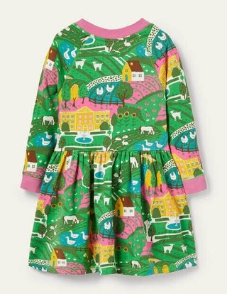 Mini Boden Girl's Jersey Sweatshirt Floral Dress in Green Countryside Farm