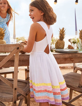 Mini Boden Girl's Sleeveless Cross-back Twirly Dress in Ivory/Rainbow