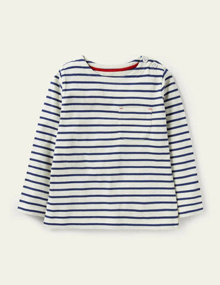 Mini Boden Girl's Long Sleeve Mariner Breton T-shirt in Ivory/Starboard Blue