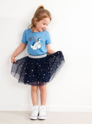 Girl's Soft Tulle Embroidered Sparkly Tutu Skirt in Navy Stars