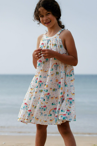 Frugi Girl's Sleeveless Printed Floaty/Twirly Tabitha Trapeze Dress in Ivory/Mlt