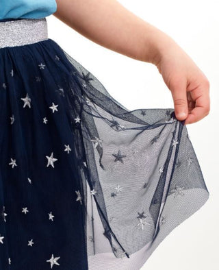 Girl's Soft Tulle Embroidered Sparkly Tutu Skirt in Navy Stars