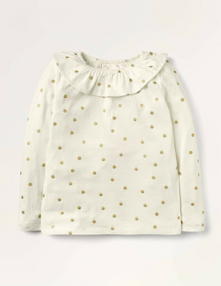 Mini Boden Girl's Ruffle Neck Jersey Top in Ivory Gold Spot