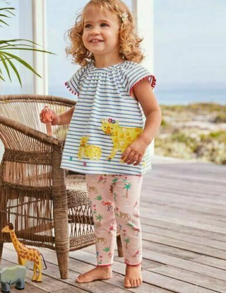 Baby Boden Striped Applique Jersey Leggings Set in Blue/Pink Jungle