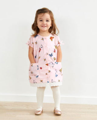 Girls Printed Button-Up Woven Dress in Pink/Butterfly Garden