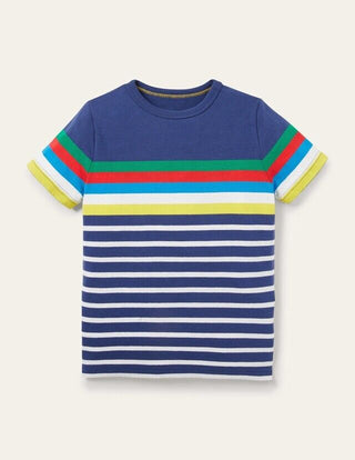 Mini Boden Boy's Rainbow Breton T-shirt in Starboard Blue Multi