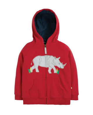 Frugi Boy's Zip Up Lucas Applique Hoodie in Tango Rihno