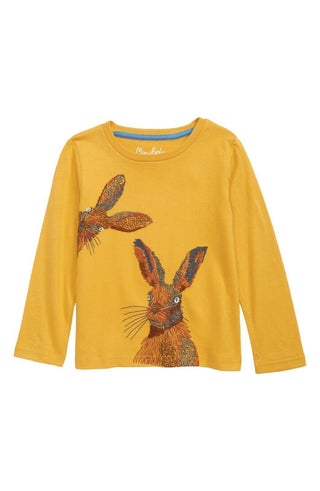 Mini Boden Boy's long Sleeve Superstitch Animal T-shirt in Honeycomb Yellow Bunnies