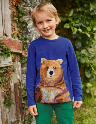 Mini Boden Boy's Bear Superstitch Embroidered T-shirt in Starboard Blue