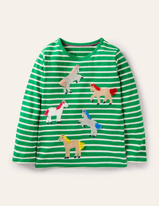 Mini Boden Girl's 3D Applique Sailor T-shirt in Highland Green/Ivory Horses