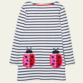 Mini Boden Girl's Ladybug Applique Pocket Tunic Dress in Ivory/Blue