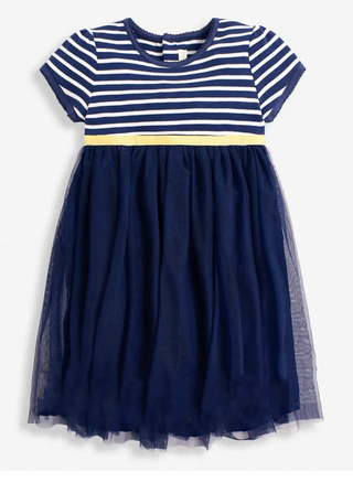 Mini Boden Girl's Striped Party Jersey Tulle  Dress in College Navy