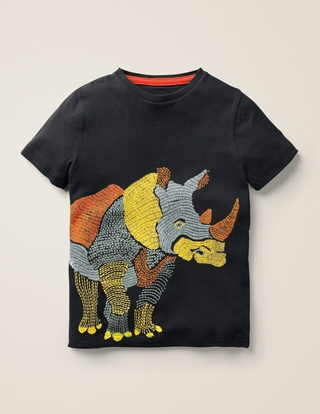 Mini Boden Boy's Superstitch Animal T-Shirt in Charcoal Rhino