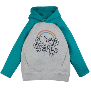 Frugi Kids Long Sleeve Pullover Logan Embroidered Hoody - Grey Marl/Blue