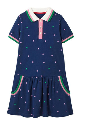 Mini Boden Girl's Spotty Polo Jersey Dress in Navy Blue