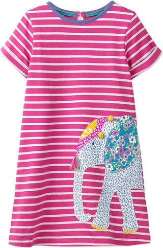 Mini Boden Girl's Stripe Big Applique Dress in Pink Elephant