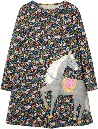 Mini Boden Girl's Floral Printed Horse Applique Dress in Multi Floral