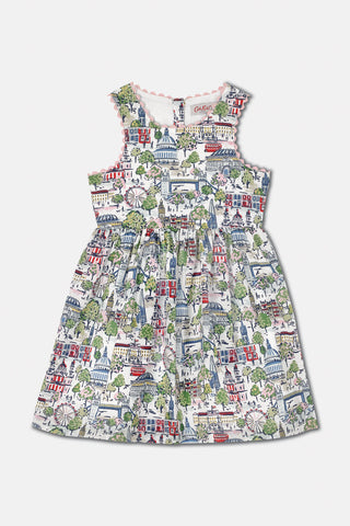 Cath Kidston Girl's Mini London View Print Sleeveless Dress in Warm Cream